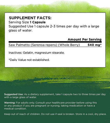 Saw Palmetto - Herbal Supplement Promoting Male Prostate Health Support - Natural Hair Supplement & Urinary Health Support - 540 Mg 250 Capsules