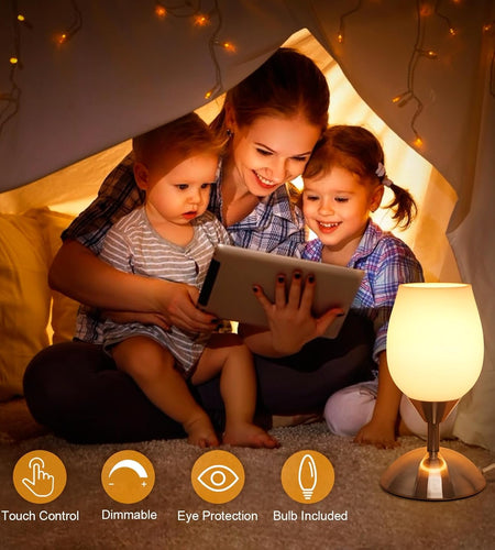 Dimmable Touch Control Table Lamp, Small Lamp with Opal Glass Lampshade Ambient Light Bedside Little Lamp Silver Base Modern Accent Lamp for Bedroom, Living Room, E12 Bulb Included