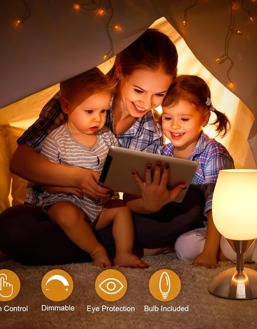 Load image into Gallery viewer, Dimmable Touch Control Table Lamp, Small Lamp with Opal Glass Lampshade Ambient Light Bedside Little Lamp Silver Base Modern Accent Lamp for Bedroom, Living Room, E12 Bulb Included
