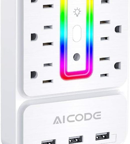 Multi Plug Outlet Extender, 6 Outlet Surge Outlet Protector with 3 USB Charger(3.2A Total),Wall Outlet Plug Electrical Outlet with 6 Ambient RGB Light, Plug Extender for Home,Office,Dorm,Hotel