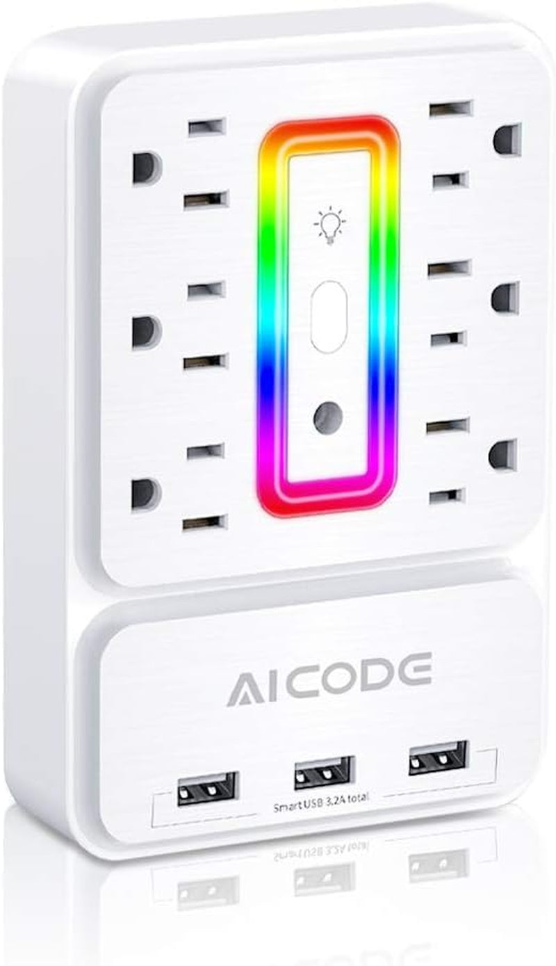 Multi Plug Outlet Extender, 6 Outlet Surge Outlet Protector with 3 USB Charger(3.2A Total),Wall Outlet Plug Electrical Outlet with 6 Ambient RGB Light, Plug Extender for Home,Office,Dorm,Hotel