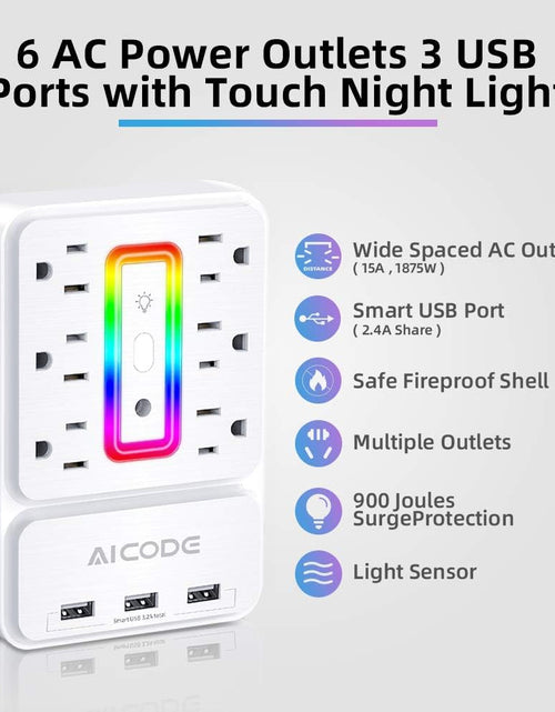 Load image into Gallery viewer, Multi Plug Outlet Extender, 6 Outlet Surge Outlet Protector with 3 USB Charger(3.2A Total),Wall Outlet Plug Electrical Outlet with 6 Ambient RGB Light, Plug Extender for Home,Office,Dorm,Hotel
