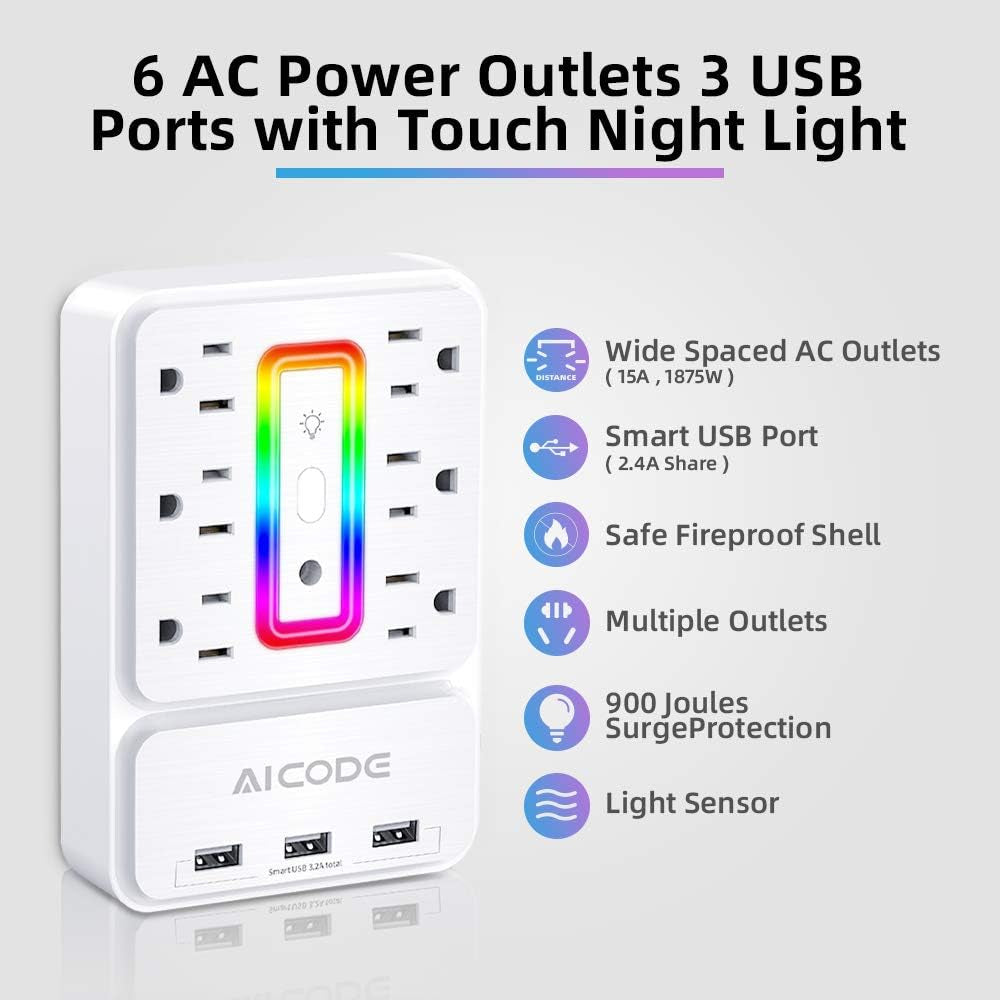 Multi Plug Outlet Extender, 6 Outlet Surge Outlet Protector with 3 USB Charger(3.2A Total),Wall Outlet Plug Electrical Outlet with 6 Ambient RGB Light, Plug Extender for Home,Office,Dorm,Hotel