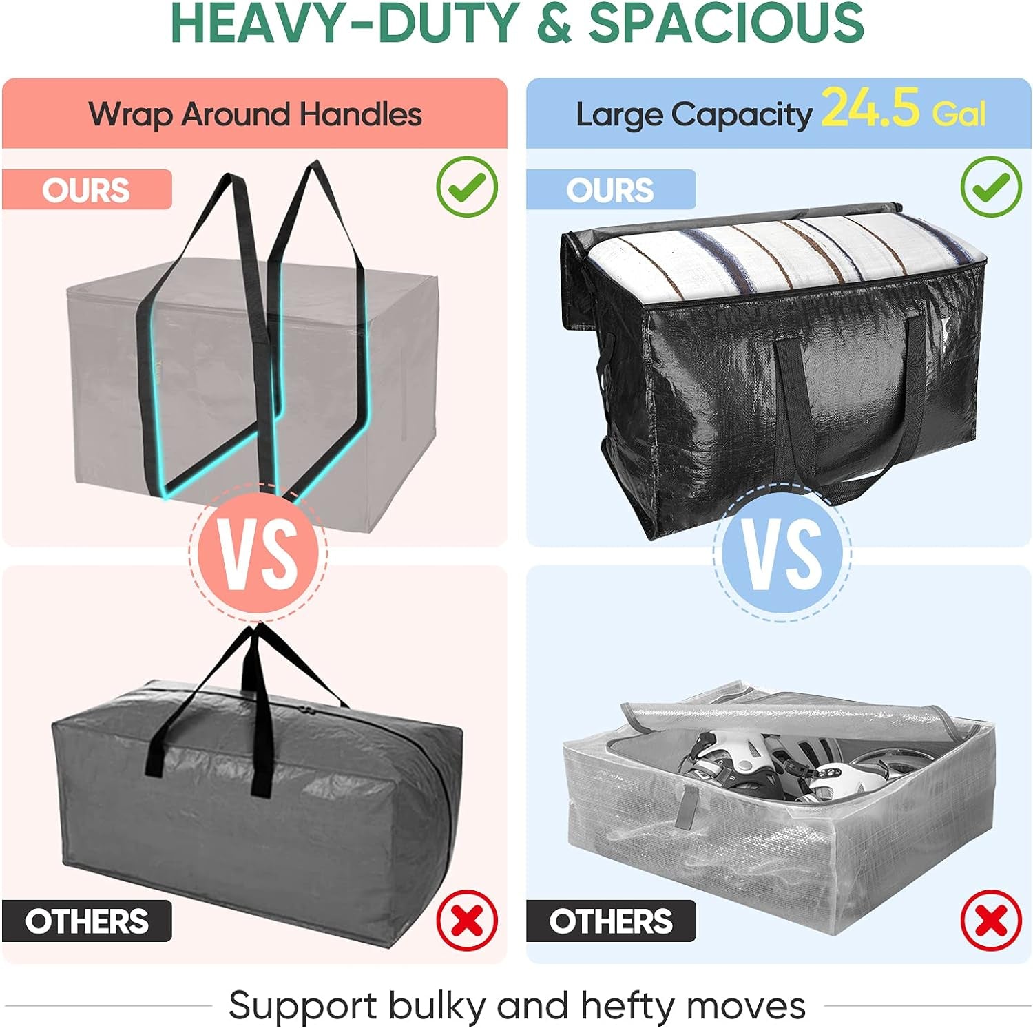 8-Pack Oversized Moving Bags with Reinforced Handles, Heavy-Duty Storage Tote Moving Supplies for Packaging, Camping (Black, 8-Pack)