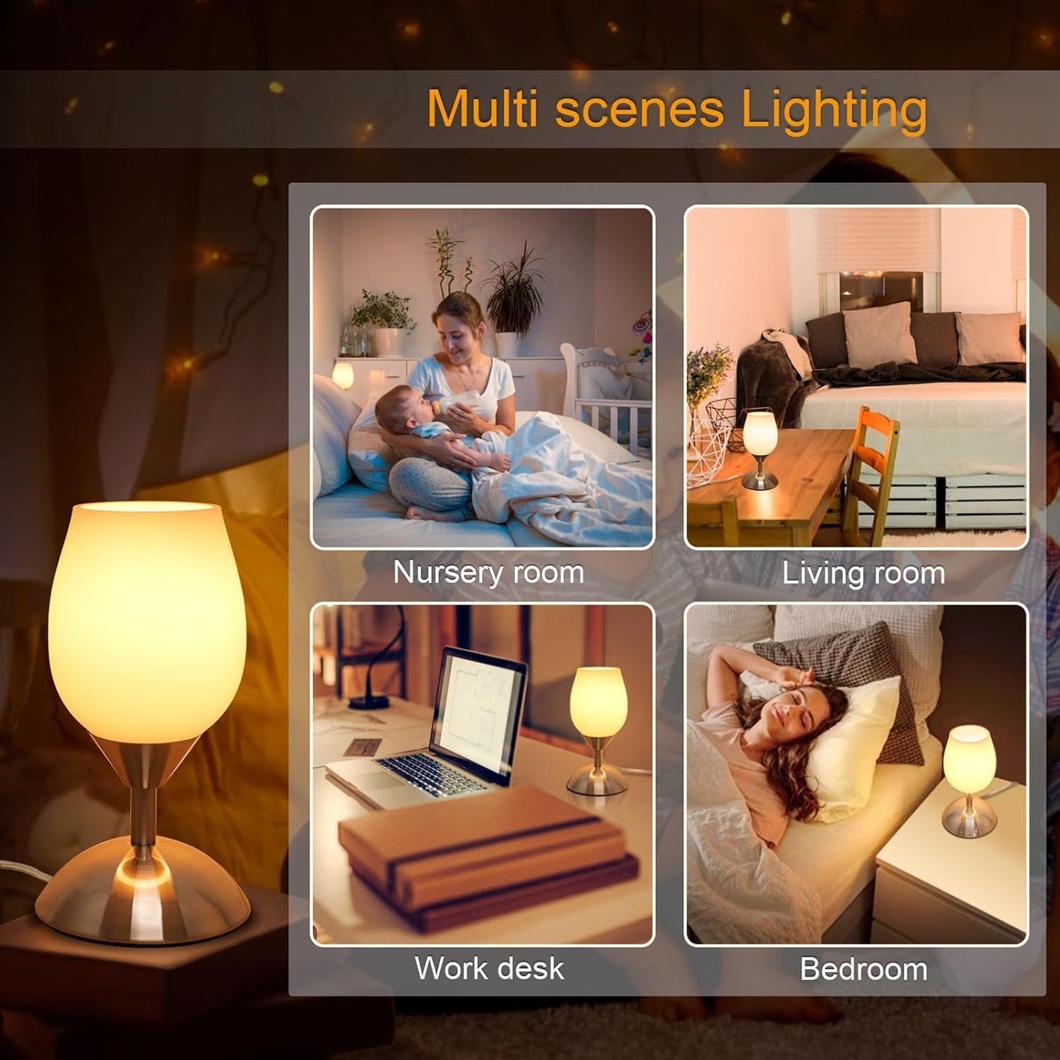 Dimmable Touch Control Table Lamp, Small Lamp with Opal Glass Lampshade Ambient Light Bedside Little Lamp Silver Base Modern Accent Lamp for Bedroom, Living Room, E12 Bulb Included