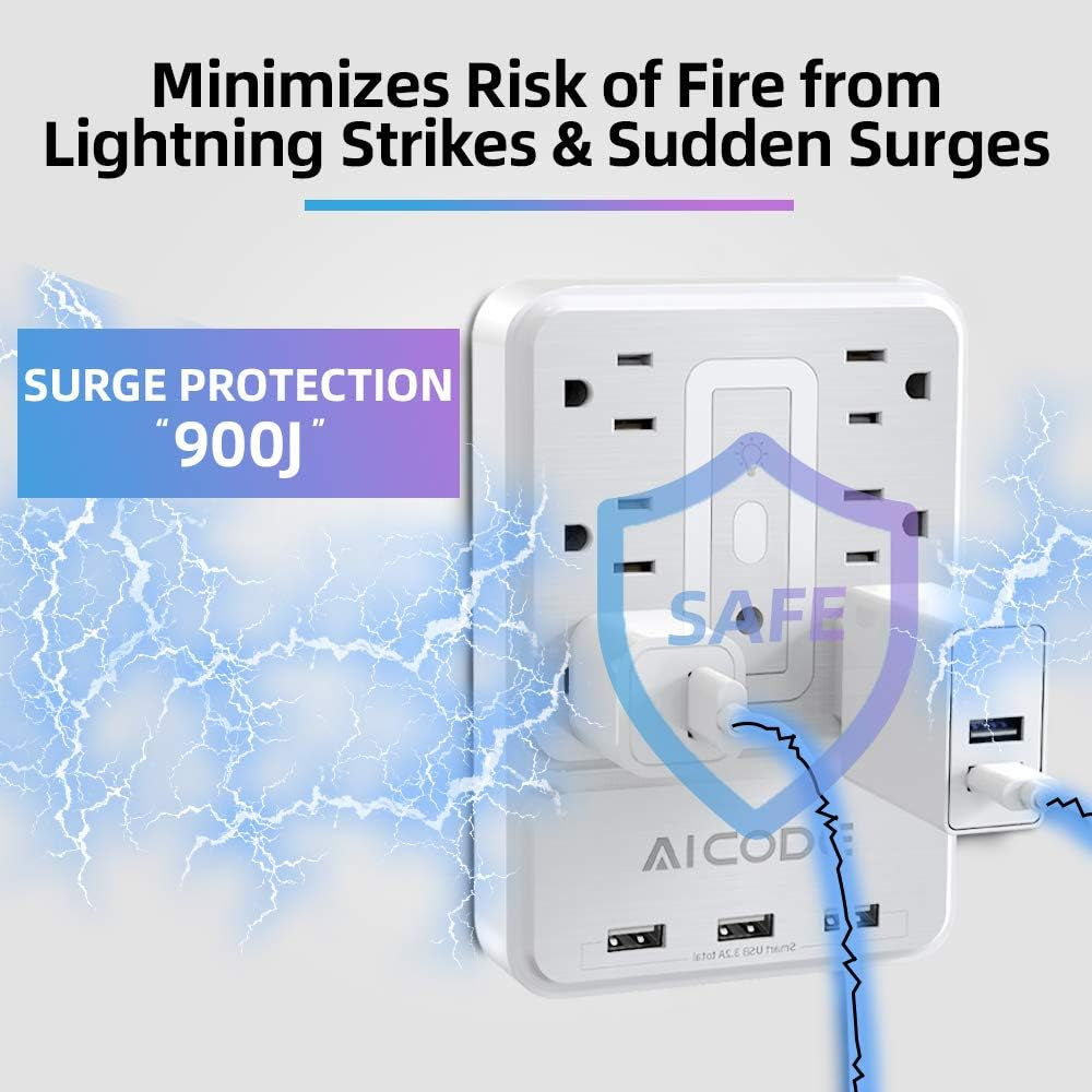 Multi Plug Outlet Extender, 6 Outlet Surge Outlet Protector with 3 USB Charger(3.2A Total),Wall Outlet Plug Electrical Outlet with 6 Ambient RGB Light, Plug Extender for Home,Office,Dorm,Hotel