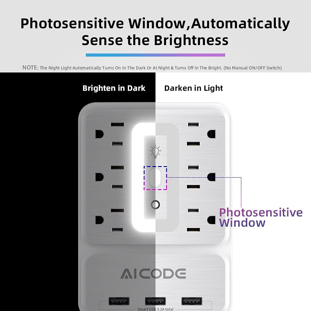 Multi Plug Outlet Extender, 6 Outlet Surge Outlet Protector with 3 USB Charger(3.2A Total),Wall Outlet Plug Electrical Outlet with 6 Ambient RGB Light, Plug Extender for Home,Office,Dorm,Hotel