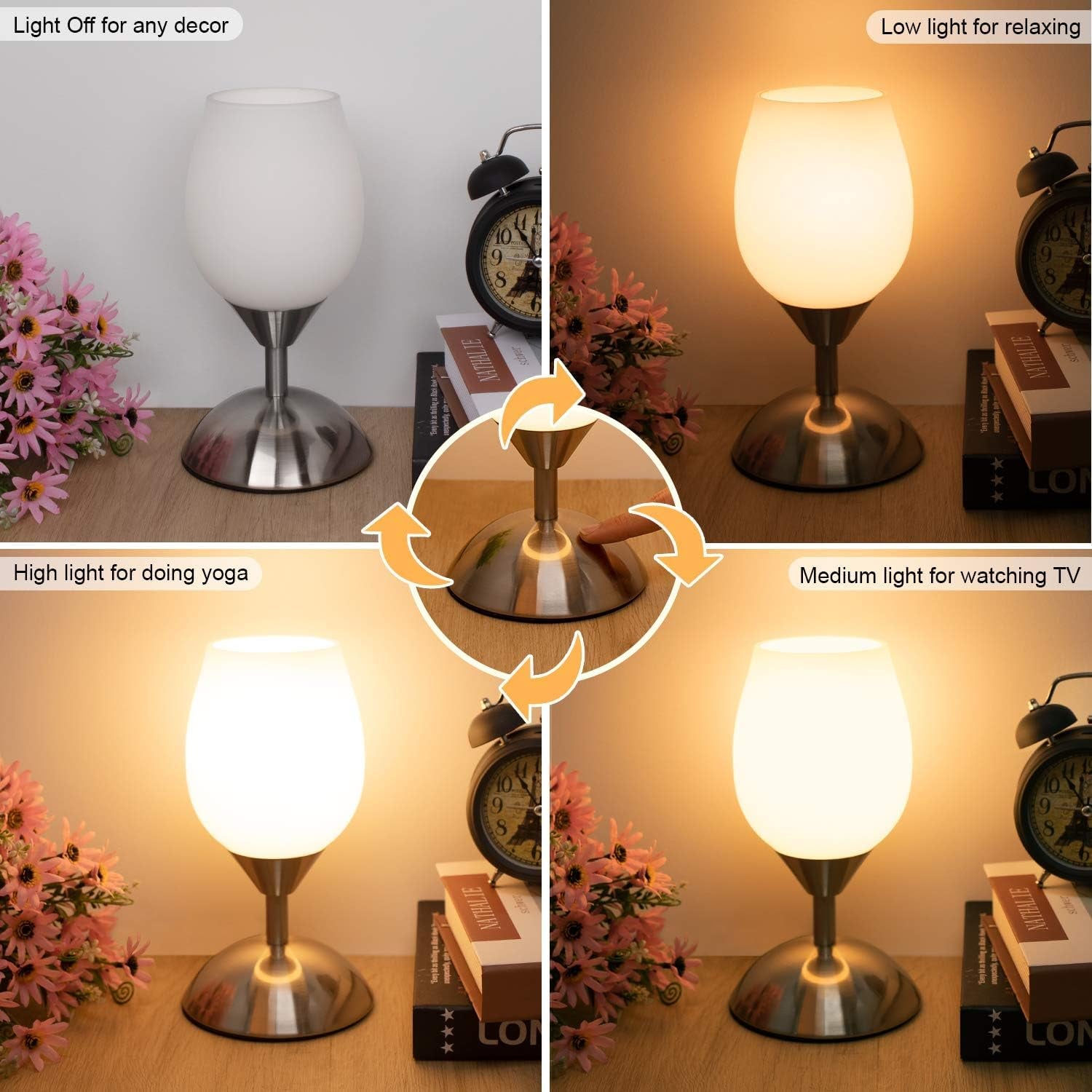 Dimmable Touch Control Table Lamp, Small Lamp with Opal Glass Lampshade Ambient Light Bedside Little Lamp Silver Base Modern Accent Lamp for Bedroom, Living Room, E12 Bulb Included