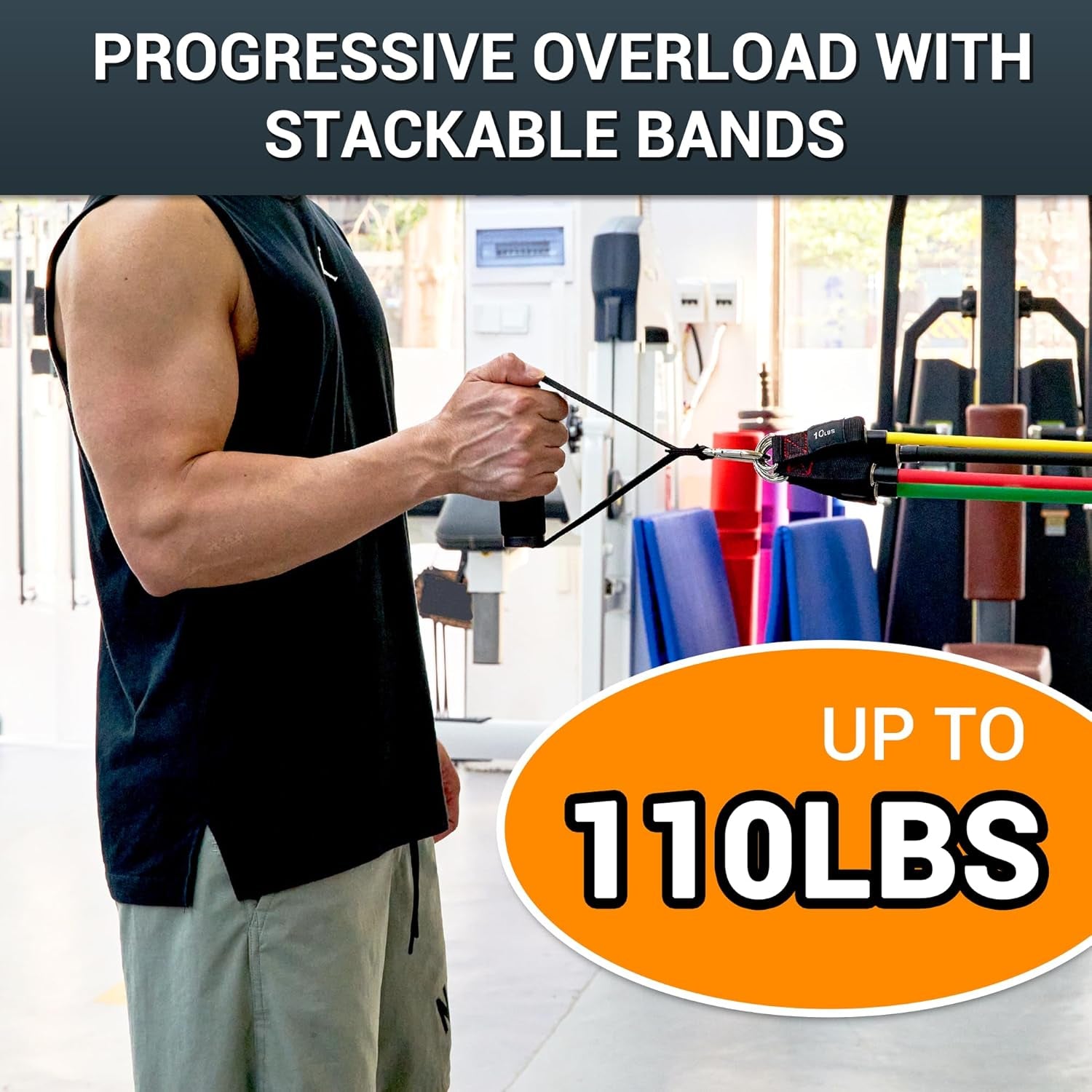 Exercise Resistance Bands with Handles - 5 Fitness Workout Bands Stackable up to 110 - 150 Lbs, Training Tubes with Large Handles, Ankle Straps, Door Anchor Attachment, Carry Bag