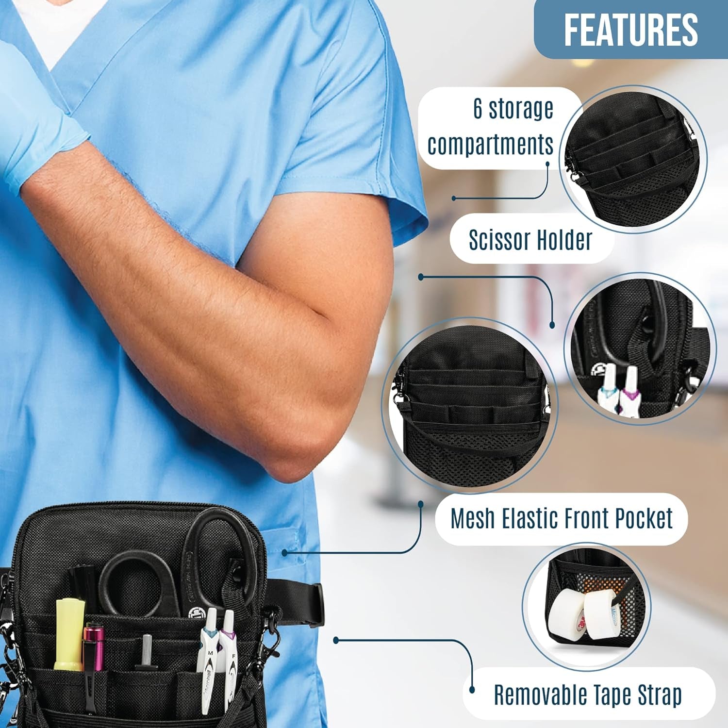 4-In-1 Nursing Fanny Pack with Medical Gear Pockets, Tape Holder, and Utility Storage for Stethoscopes, Bandage Scissors, and Emergency Supplies, Student and Nurse Use