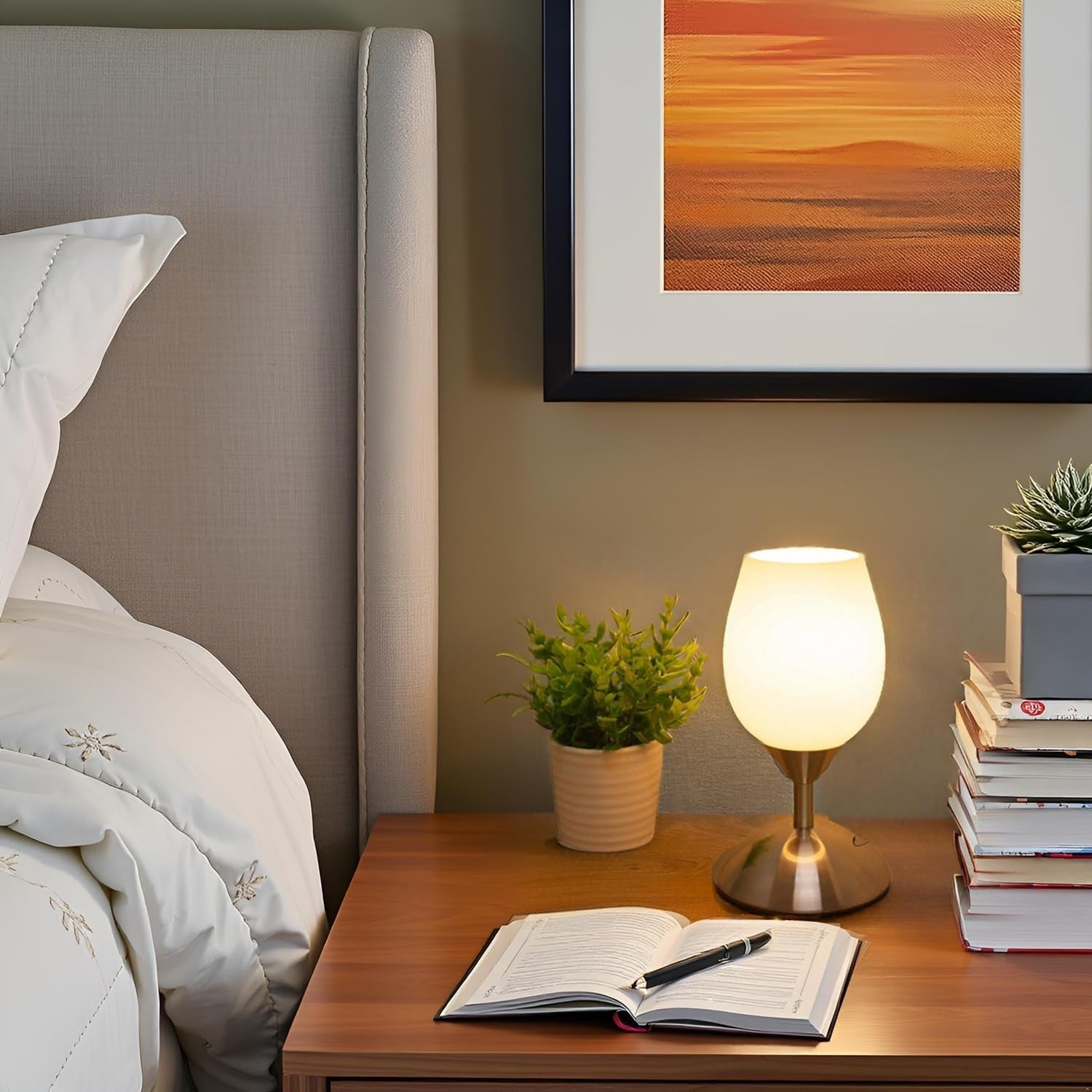 Dimmable Touch Control Table Lamp, Small Lamp with Opal Glass Lampshade Ambient Light Bedside Little Lamp Silver Base Modern Accent Lamp for Bedroom, Living Room, E12 Bulb Included