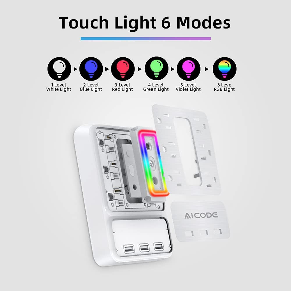 Multi Plug Outlet Extender, 6 Outlet Surge Outlet Protector with 3 USB Charger(3.2A Total),Wall Outlet Plug Electrical Outlet with 6 Ambient RGB Light, Plug Extender for Home,Office,Dorm,Hotel