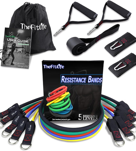 Exercise Resistance Bands with Handles - 5 Fitness Workout Bands Stackable up to 110 - 150 Lbs, Training Tubes with Large Handles, Ankle Straps, Door Anchor Attachment, Carry Bag