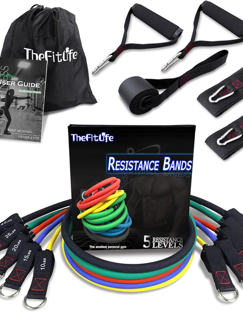 Load image into Gallery viewer, Exercise Resistance Bands with Handles - 5 Fitness Workout Bands Stackable up to 110 - 150 Lbs, Training Tubes with Large Handles, Ankle Straps, Door Anchor Attachment, Carry Bag
