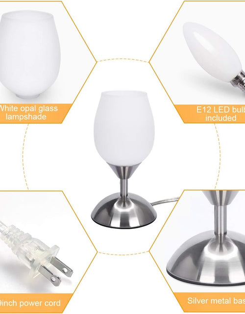 Load image into Gallery viewer, Dimmable Touch Control Table Lamp, Small Lamp with Opal Glass Lampshade Ambient Light Bedside Little Lamp Silver Base Modern Accent Lamp for Bedroom, Living Room, E12 Bulb Included
