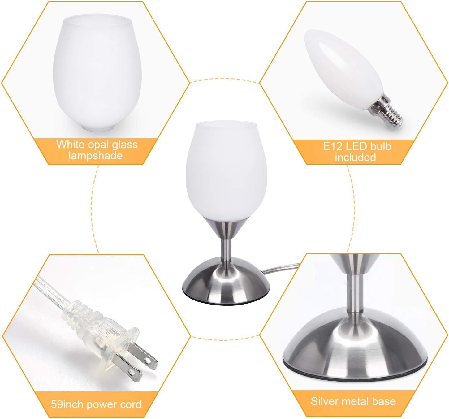 Dimmable Touch Control Table Lamp, Small Lamp with Opal Glass Lampshade Ambient Light Bedside Little Lamp Silver Base Modern Accent Lamp for Bedroom, Living Room, E12 Bulb Included