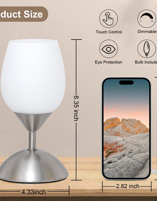 Load image into Gallery viewer, Dimmable Touch Control Table Lamp, Small Lamp with Opal Glass Lampshade Ambient Light Bedside Little Lamp Silver Base Modern Accent Lamp for Bedroom, Living Room, E12 Bulb Included
