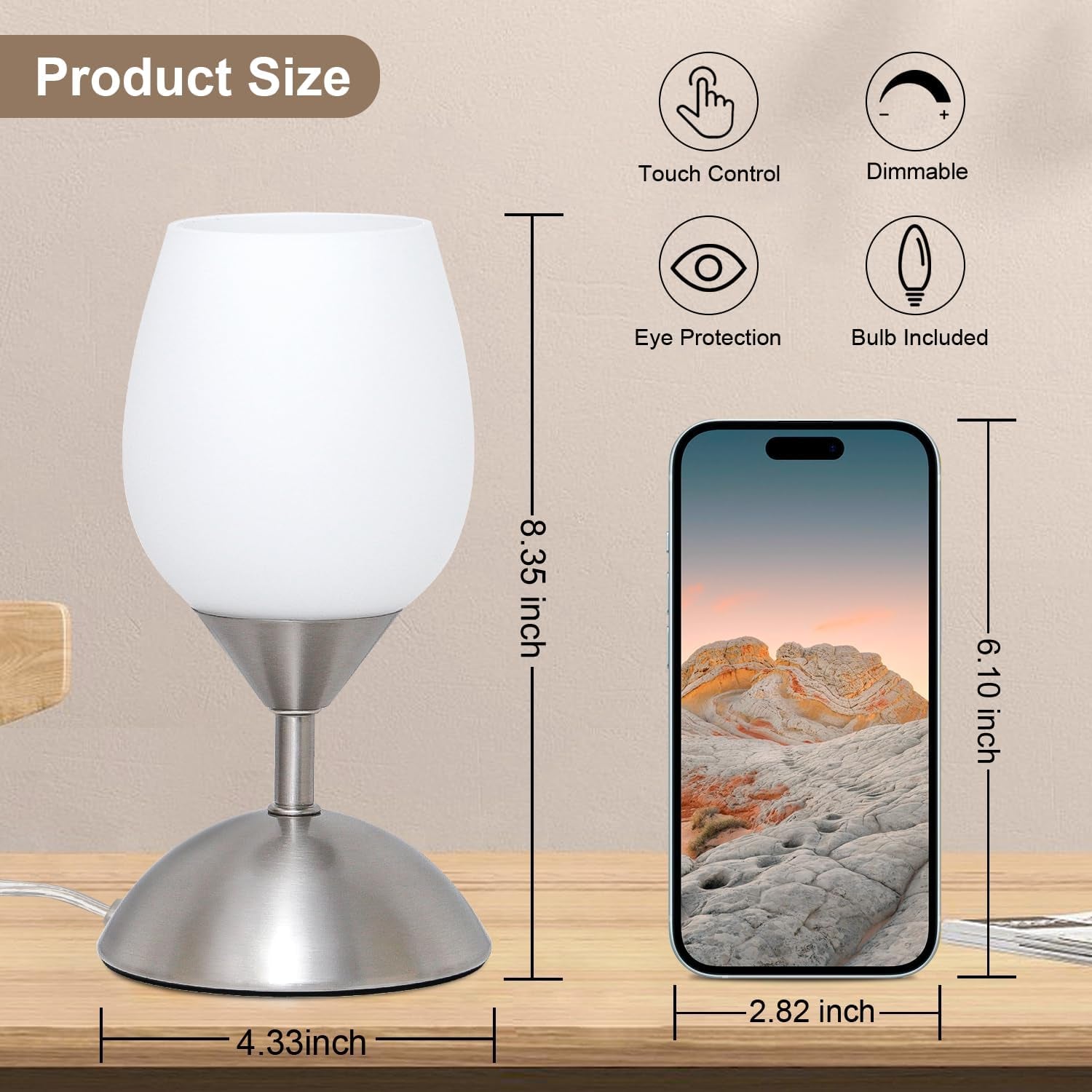 Dimmable Touch Control Table Lamp, Small Lamp with Opal Glass Lampshade Ambient Light Bedside Little Lamp Silver Base Modern Accent Lamp for Bedroom, Living Room, E12 Bulb Included