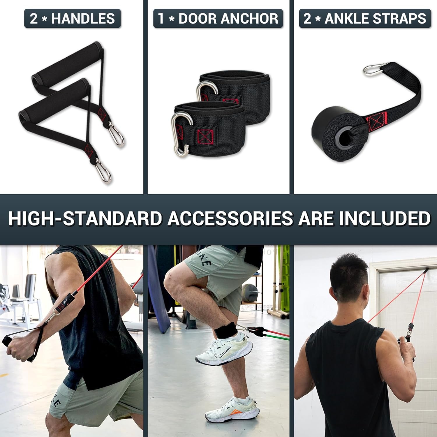 Exercise Resistance Bands with Handles - 5 Fitness Workout Bands Stackable up to 110 - 150 Lbs, Training Tubes with Large Handles, Ankle Straps, Door Anchor Attachment, Carry Bag