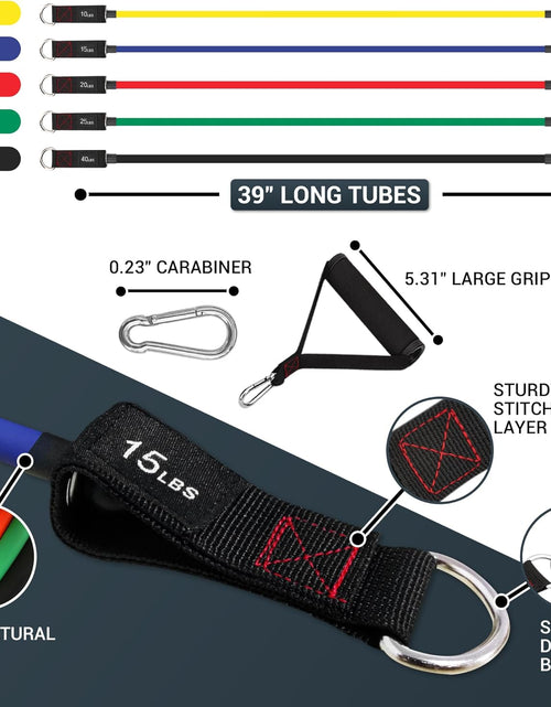 Load image into Gallery viewer, Exercise Resistance Bands with Handles - 5 Fitness Workout Bands Stackable up to 110 - 150 Lbs, Training Tubes with Large Handles, Ankle Straps, Door Anchor Attachment, Carry Bag
