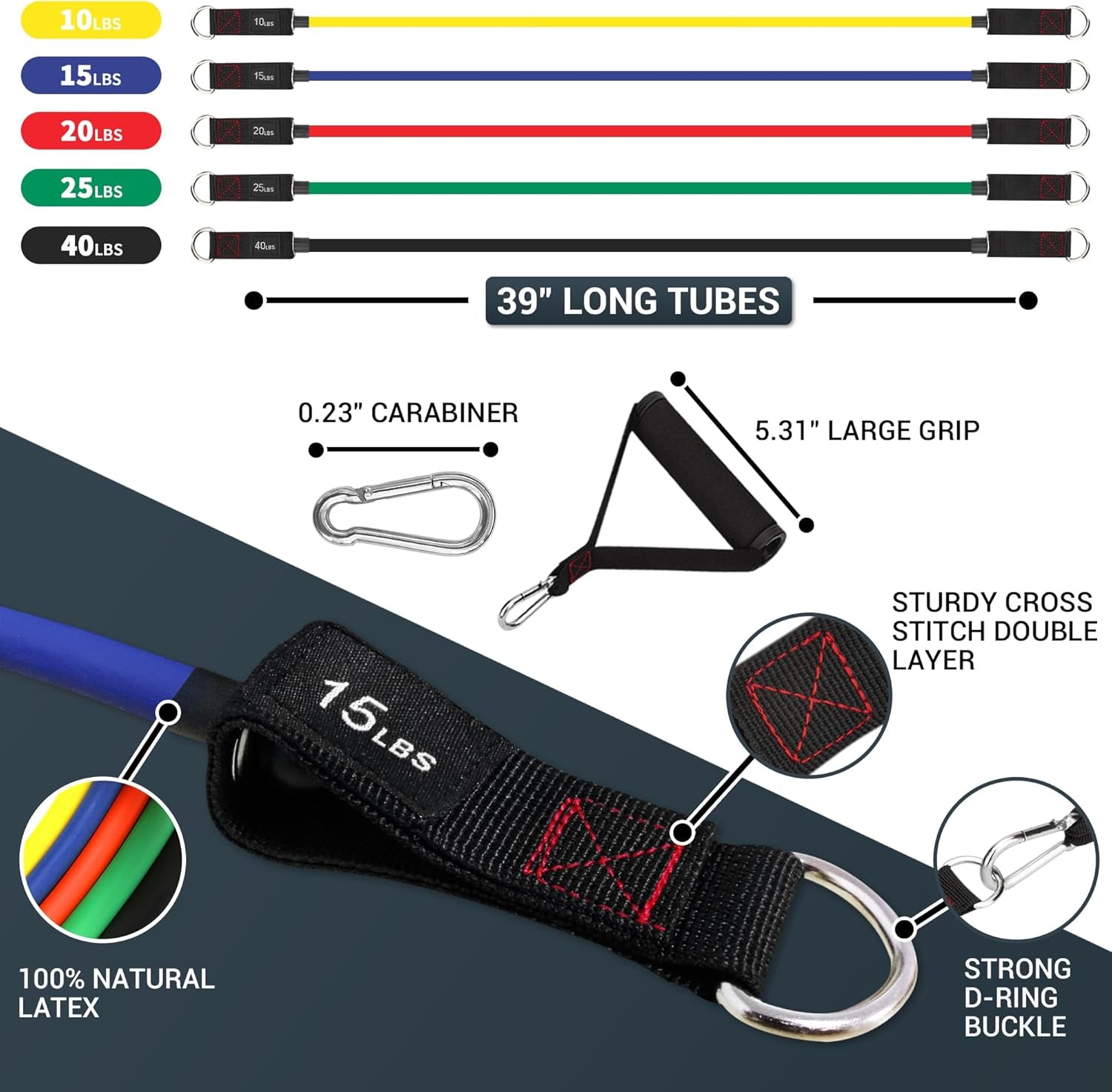 Exercise Resistance Bands with Handles - 5 Fitness Workout Bands Stackable up to 110 - 150 Lbs, Training Tubes with Large Handles, Ankle Straps, Door Anchor Attachment, Carry Bag