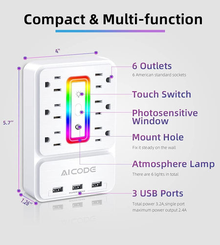 Multi Plug Outlet Extender, 6 Outlet Surge Outlet Protector with 3 USB Charger(3.2A Total),Wall Outlet Plug Electrical Outlet with 6 Ambient RGB Light, Plug Extender for Home,Office,Dorm,Hotel