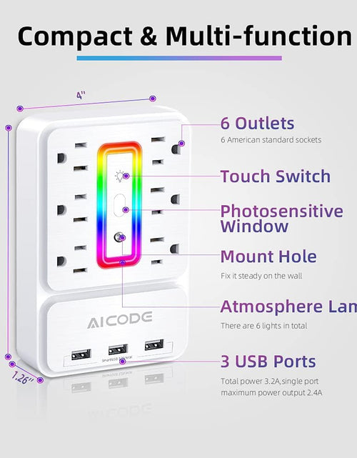 Load image into Gallery viewer, Multi Plug Outlet Extender, 6 Outlet Surge Outlet Protector with 3 USB Charger(3.2A Total),Wall Outlet Plug Electrical Outlet with 6 Ambient RGB Light, Plug Extender for Home,Office,Dorm,Hotel
