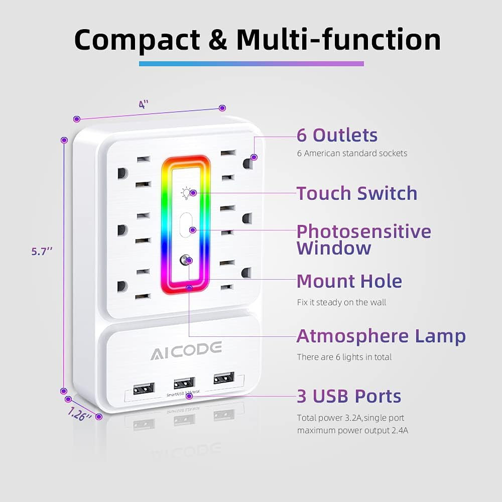 Multi Plug Outlet Extender, 6 Outlet Surge Outlet Protector with 3 USB Charger(3.2A Total),Wall Outlet Plug Electrical Outlet with 6 Ambient RGB Light, Plug Extender for Home,Office,Dorm,Hotel