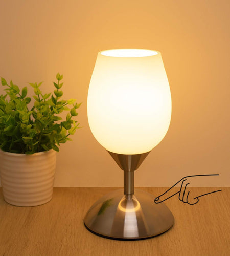 Dimmable Touch Control Table Lamp, Small Lamp with Opal Glass Lampshade Ambient Light Bedside Little Lamp Silver Base Modern Accent Lamp for Bedroom, Living Room, E12 Bulb Included